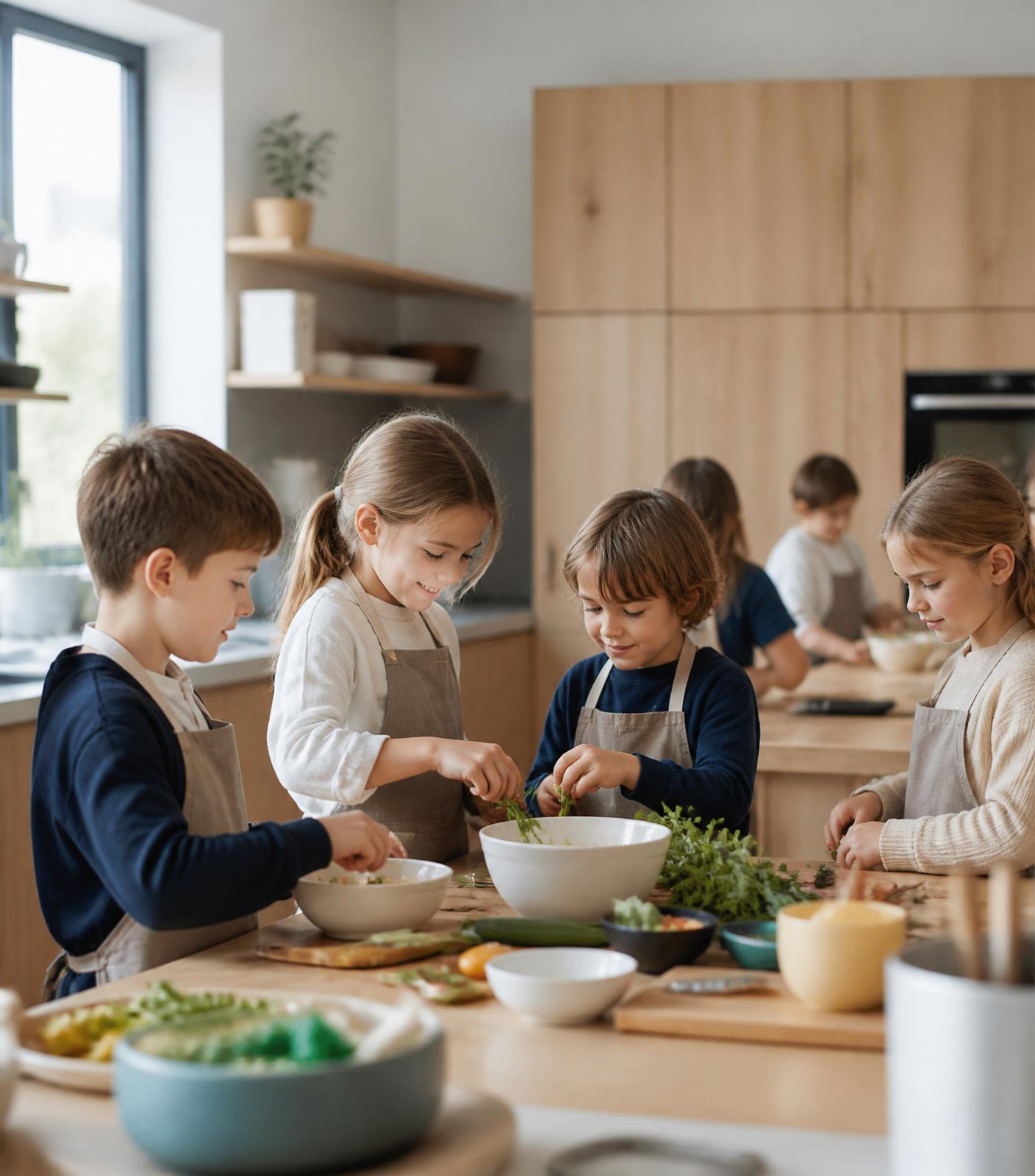 Children learning practical cooking skills in the ATOM LifeLab kitchen